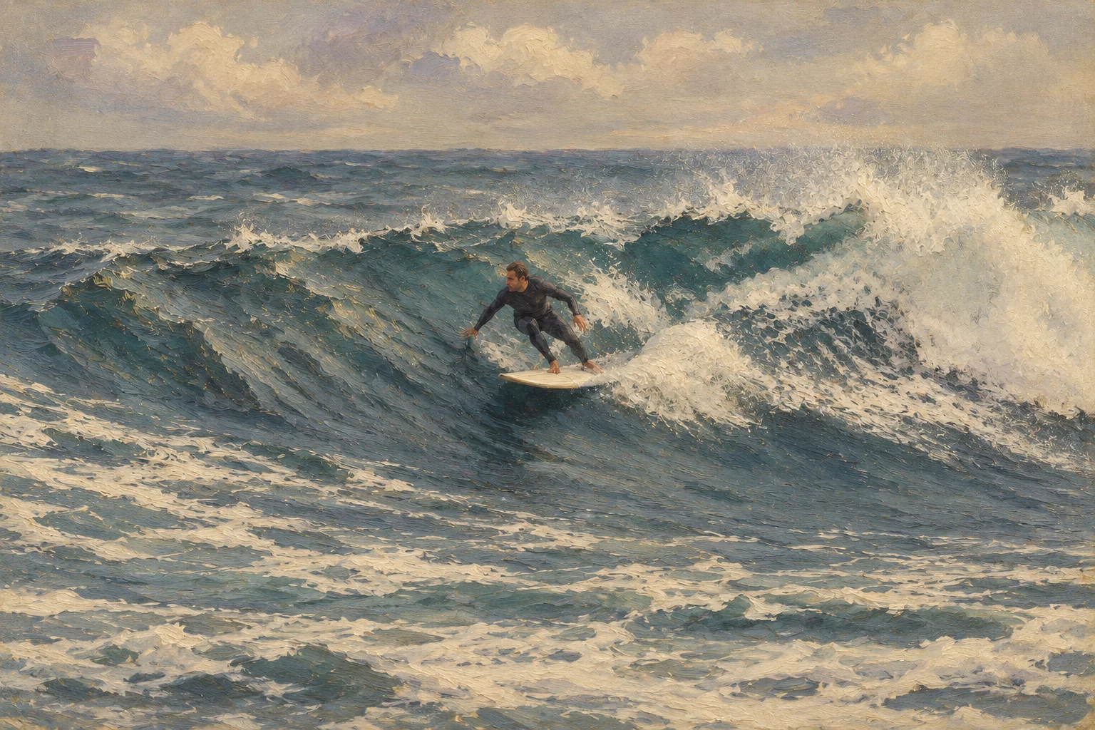 An oil-style painting of a lone surfer holding their line through a breaking wave, a visual metaphor for focus and persistence.